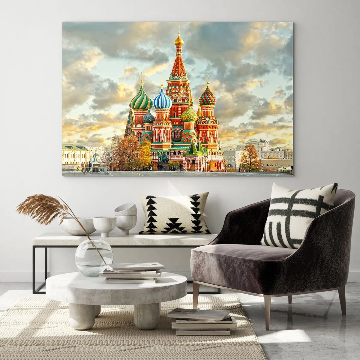Tablou pe sticlă - Catedrala Sfântul Vasile din Moscova pe un cer înnorat - 70x50cm - Nici măcar Disney nu ar fi venit cu această idee - Decorațiune modernă pentru perete pentru living și dormitor ARTTOR