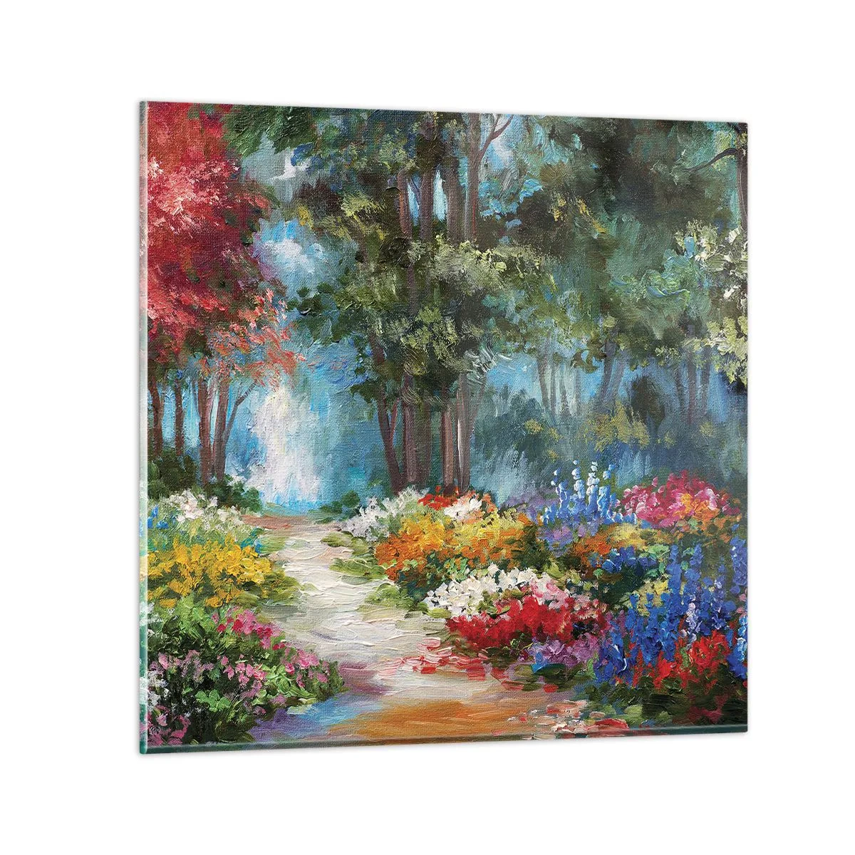 Tablou pe sticlă - Grădină de pădure, pădure de flori - 70x70 cm