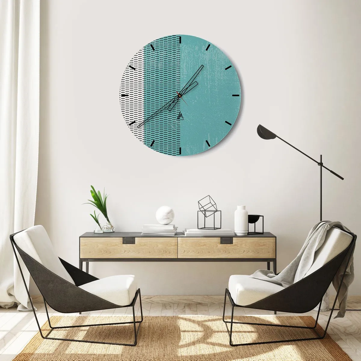 Ceas de perete - Ceas pe sticlă - Grafică turcoaz și neagră cu un model și o textură ritmică - 30x30cm - Compoziție echilibrată - Decorațiune modernă pentru perete pentru living, bucătărie și dormitor ARTTOR