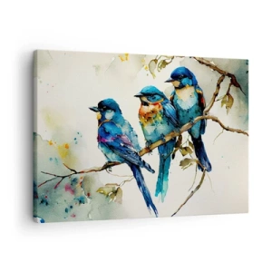 Tablou pe pânză Canvas - Trei păsări colorate pe o ramură în stil acuarelă - 70x50cm - Se simte jignit? - Decorațiune modernă pentru perete pentru living și dormitor ARTTOR