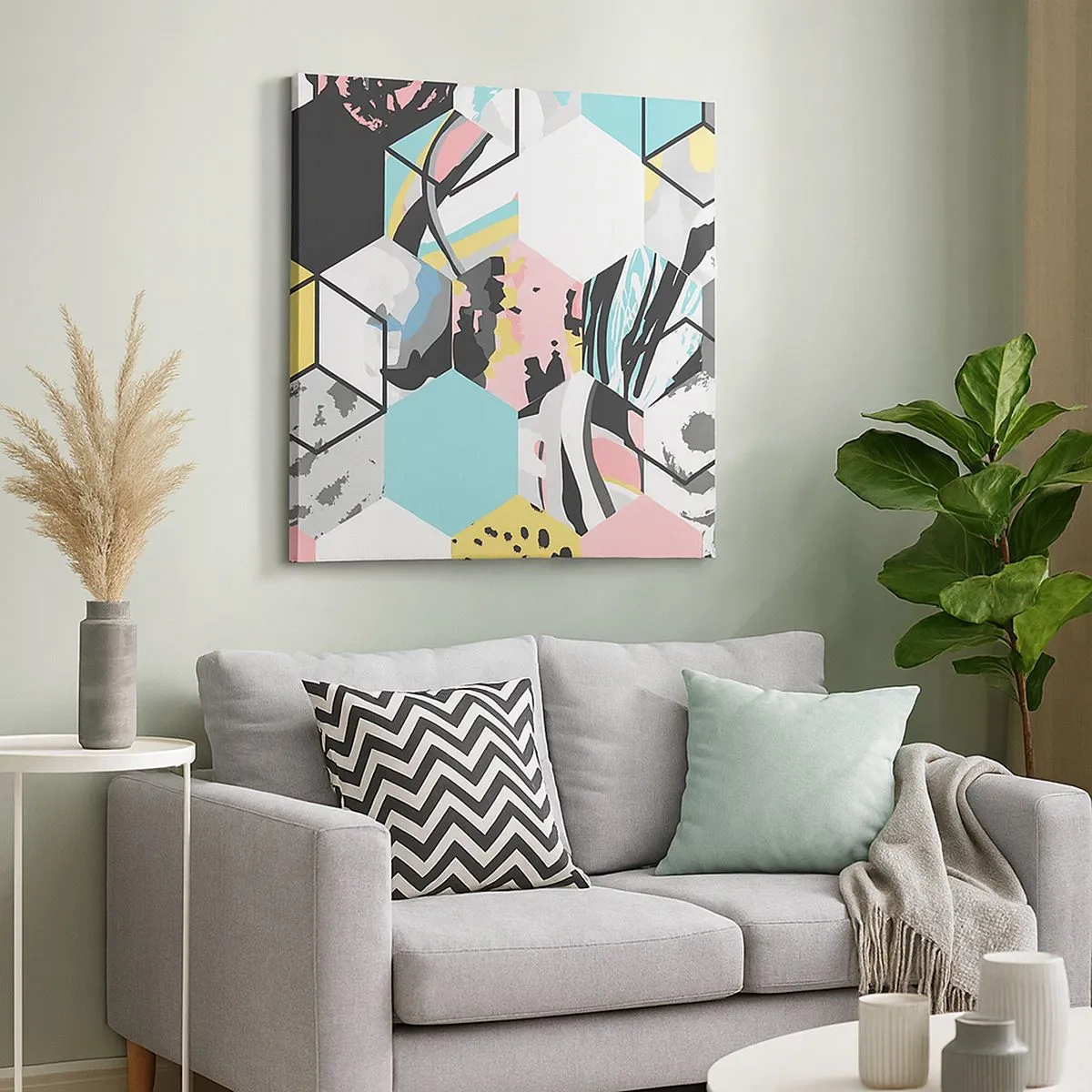 Tablou pe pânză - Hexagoane și cuburi în șase culori - 30x30 cm