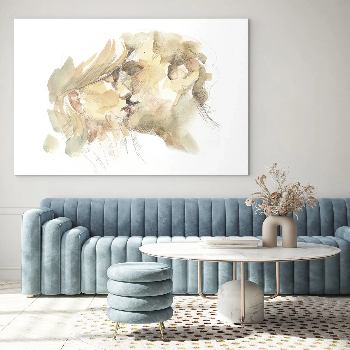 Tablou pe sticlă - Pictură romantică în acuarelă a unui sărut între îndrăgostiți - 70x50cm - Jumătatea găsită? - Decorațiune modernă pentru perete pentru living și dormitor ARTTOR
