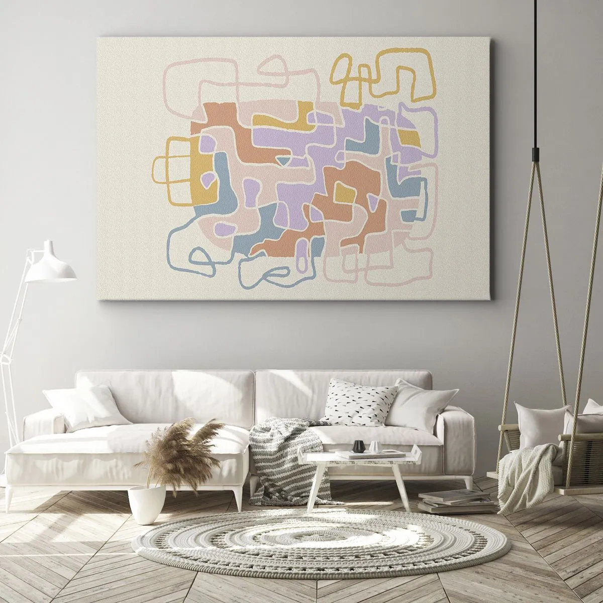 Tablou pe pânză Canvas - Linii abstracte pastelate creând modele geometrice - 70x50cm - Labirintul - o aventură plină de bucurie - Decorațiune modernă pentru perete pentru living și dormitor ARTTOR