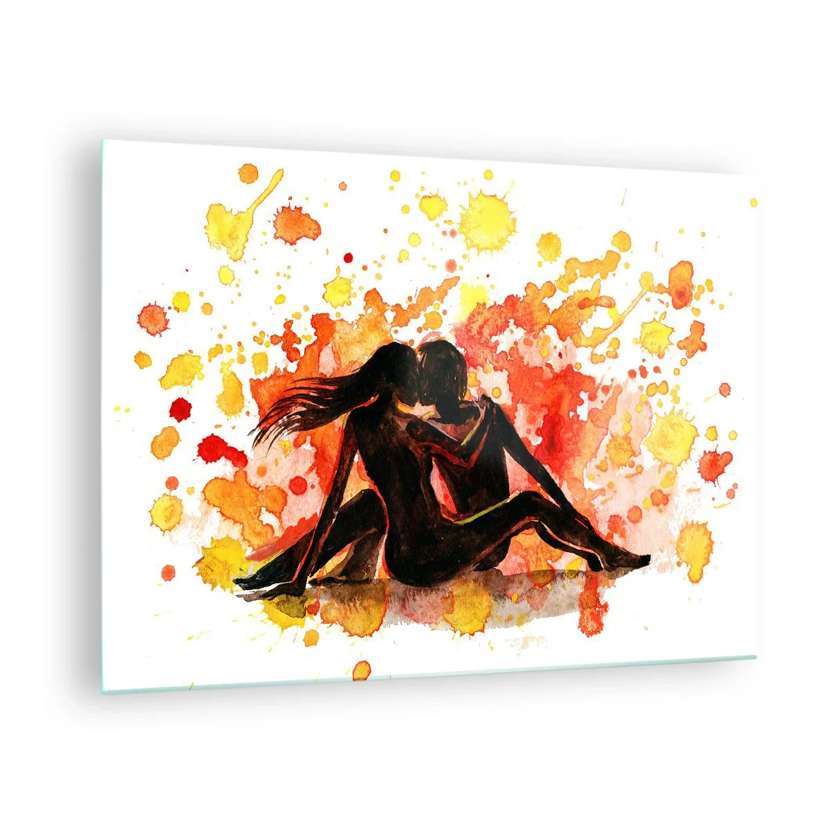 Tablou pe sticlă - Silueta unui cuplu pe un fundal de pete colorate de acuarelă - 70x50cm - Şi a fost lumină - Decorațiune modernă pentru perete pentru living și dormitor ARTTOR