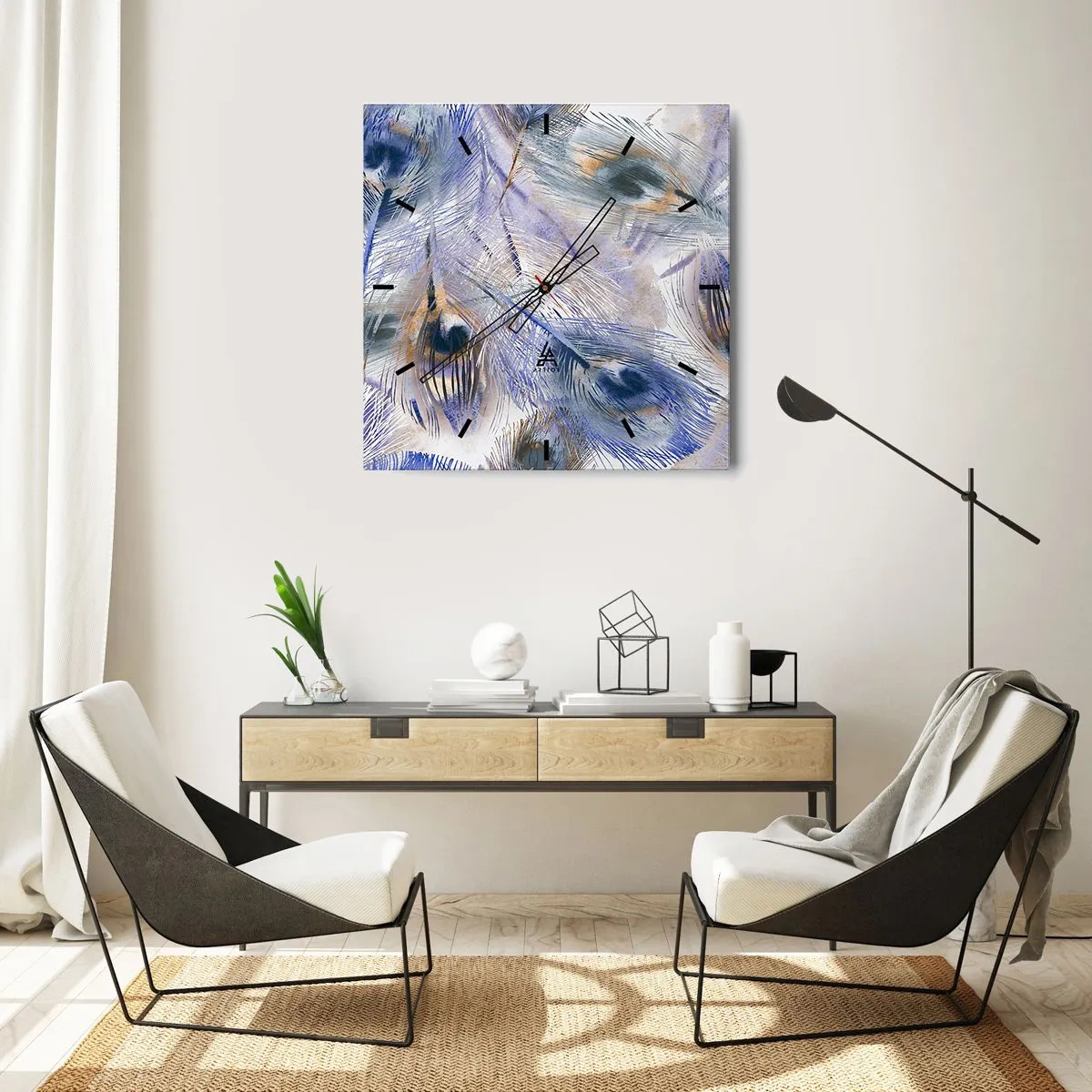 Ceas de perete - Ceas pe sticlă - Compoziția penelor de păun - 30x30 cm