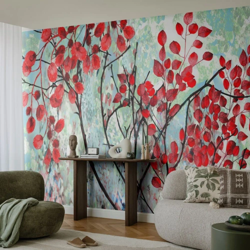 Tapet Premium Canvas - Arbore în stacojiu - Abstracția, Frunze Roșii, Ramura - 250x175 cm