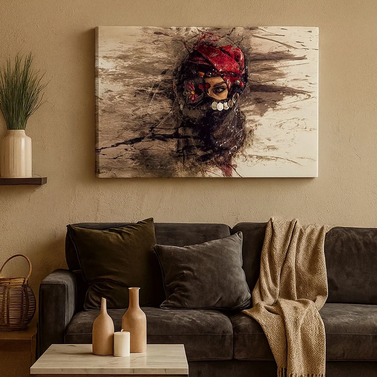 Tablou pe pânză Canvas - Portret artistic al unei femei în ținută orientală pe un fundal abstract. - 70x50cm - Cel puțin îngrijător - Decorațiune modernă pentru perete pentru living și dormitor ARTTOR