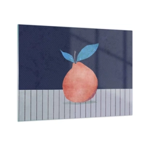 Tablou pe sticlă - Un fruct cu o formă abstractă pe fundalul unei compoziții geometrice - 70x50cm - Convexitate și plan - Decorațiune modernă pentru perete pentru living și dormitor ARTTOR