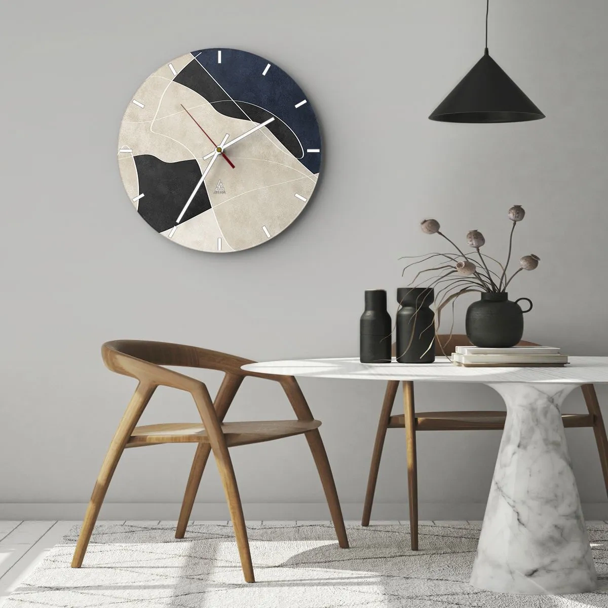 Ceas de perete - Ceas pe sticlă - Forme minimaliste în bej, negru și bleumarin cu o linie albă - 30x30cm - Compoziție abstractă - contrast de culori - Decorațiune modernă pentru perete pentru living, bucătărie și dormitor ARTTOR