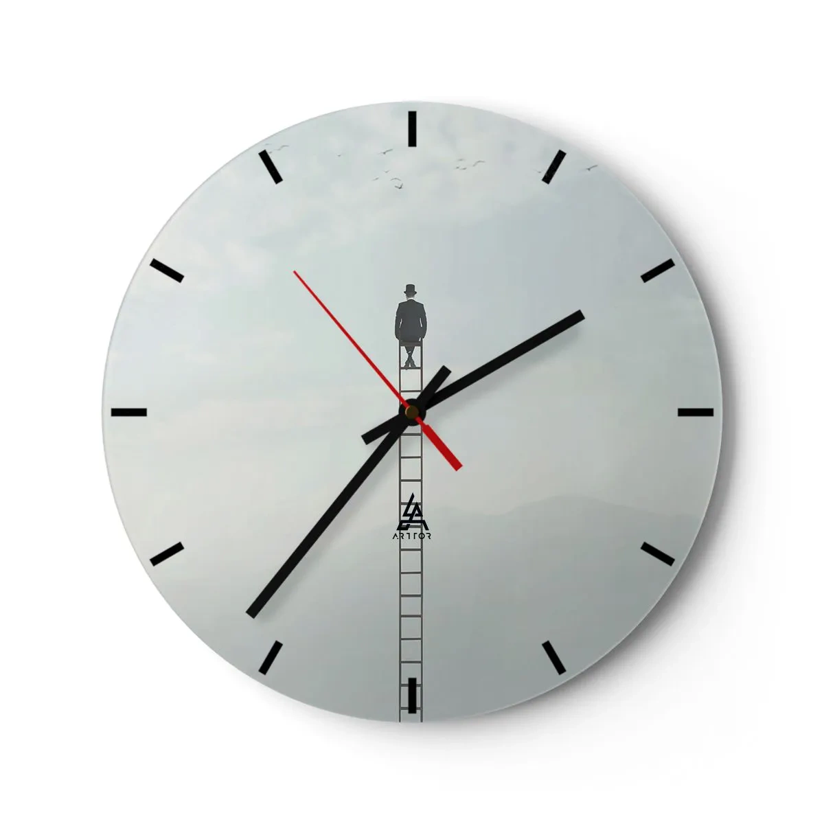 Ceas de perete - Ceas pe sticlă - Bărbat pe o scară într-un peisaj suprarealist - 30x30cm - Fii deasupra - Decorațiune modernă pentru perete pentru living, bucătărie și dormitor ARTTOR