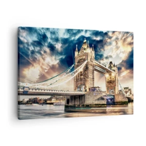 Tablou pe pânză Canvas - Tower Bridge la amurg pe un cer dinamic - 70x50cm - Un monument al imperiului victorian - Decorațiune modernă pentru perete pentru living și dormitor ARTTOR