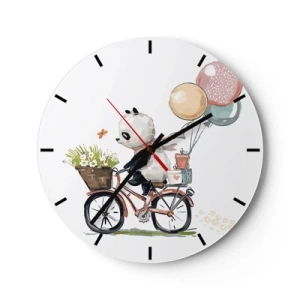 Ceas de perete - Ceas pe sticlă - Panda pe o bicicletă cu baloane și un coș plin cu flori - 30x30cm - O zi fericită - Decorațiune modernă pentru perete pentru living, bucătărie și dormitor ARTTOR