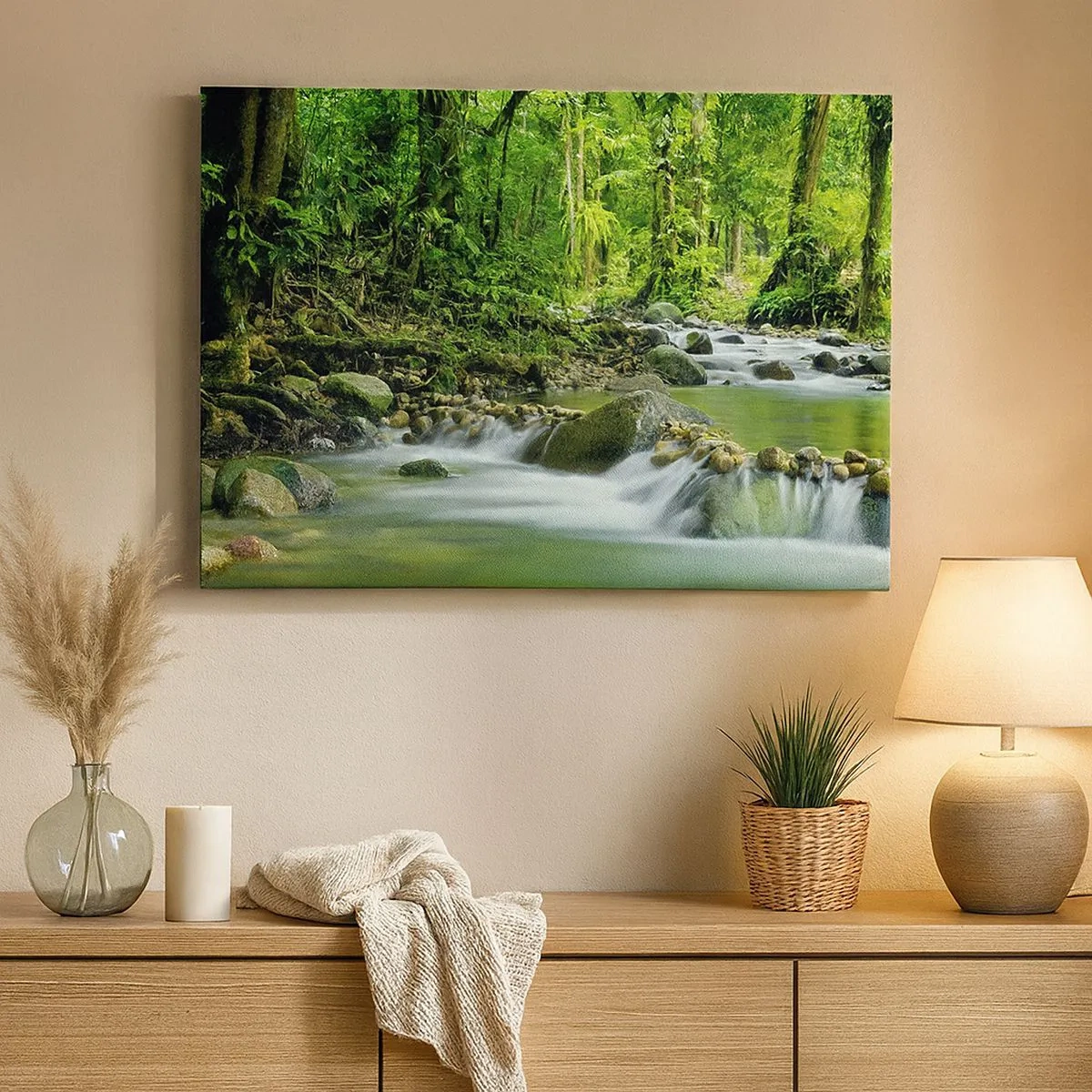 Tablou pe pânză Canvas - Un pârâu într-o pădure tropicală luxuriantă - 70x50cm - Să înotăm într-o mare de verde - Decorațiune modernă pentru perete pentru living și dormitor ARTTOR