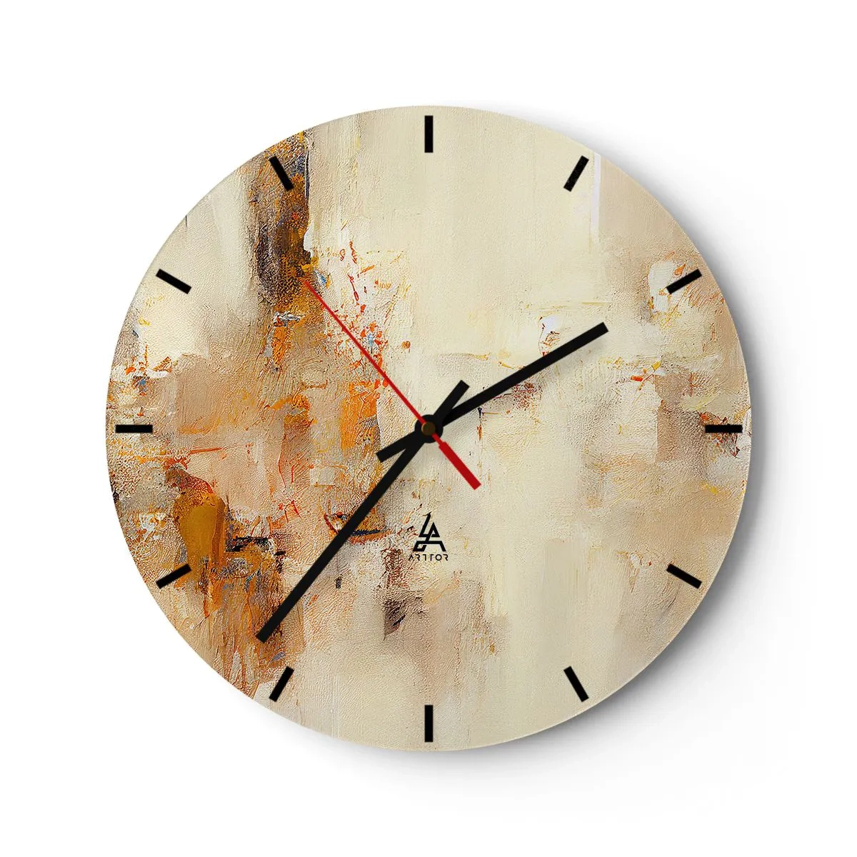 Ceas de perete - Ceas pe sticlă - O compoziție abstractă în nuanțe de bej și portocaliu. - 30x30cm - Sufletul de chihlimbar - Decorațiune modernă pentru perete pentru living, bucătărie și dormitor ARTTOR