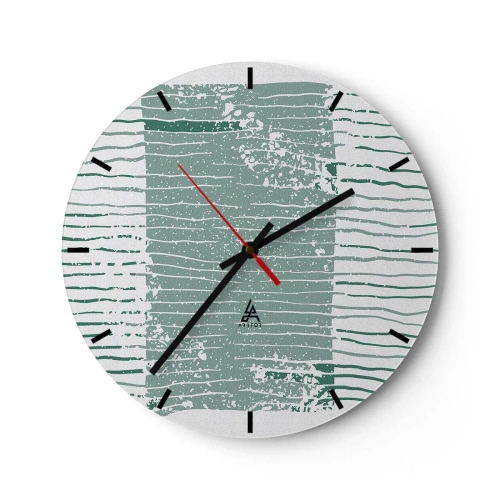 Ceas de perete - Ceas pe sticlă - O compoziție grafică cu linii orizontale în nuanțe de verde marin. - 30x30cm - Abstracție marină - Decorațiune modernă pentru perete pentru living, bucătărie și dormitor ARTTOR