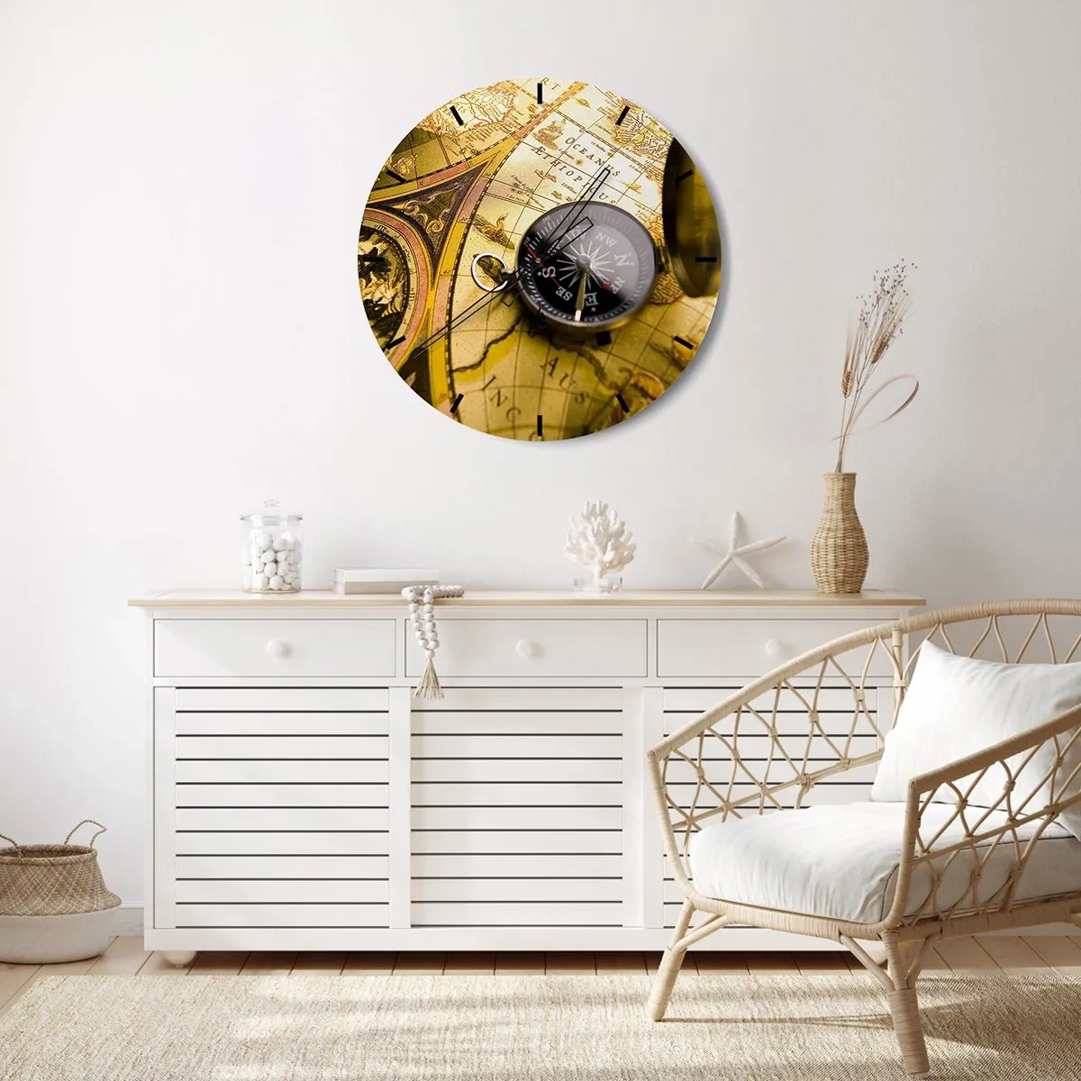 Ceas de perete - Ceas pe sticlă - busolă pe fundalul unei hărți vechi - 30x30cm - Sau poate până la capătul lumii? - Decorațiune modernă pentru perete pentru living, bucătărie și dormitor ARTTOR