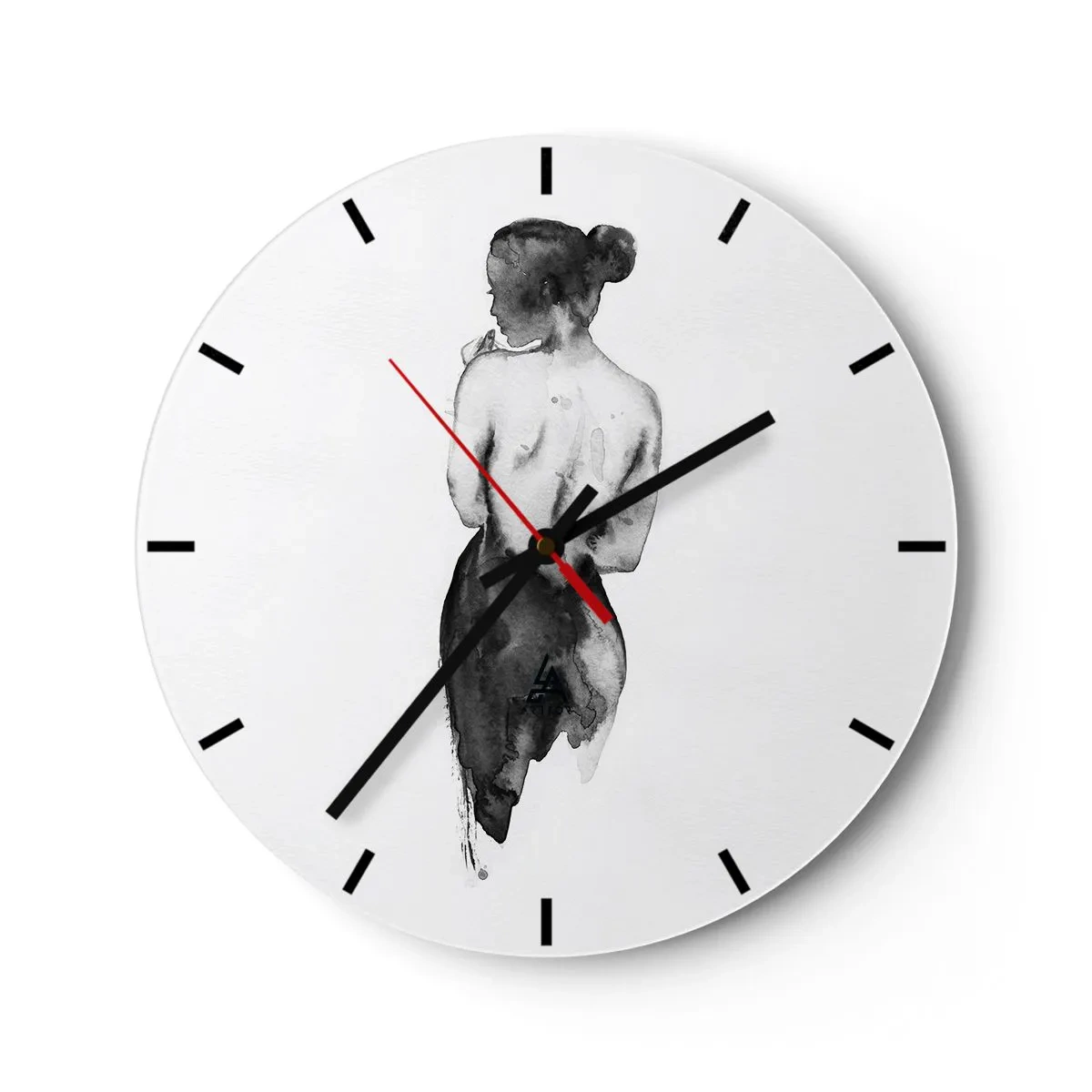 Ceas de perete - Ceas pe sticlă - Siluetă alb-negru a unei femei cu spatele expus - 30x30cm - Cu ea lumea dispare - Decorațiune modernă pentru perete pentru living, bucătărie și dormitor ARTTOR