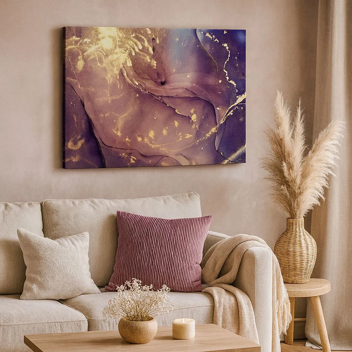 Tablou pe pânză Canvas - Compoziție abstractă cu nuanțe de auriu și violet - 70x50cm - Materie și spirit - Decorațiune modernă pentru perete pentru living și dormitor ARTTOR