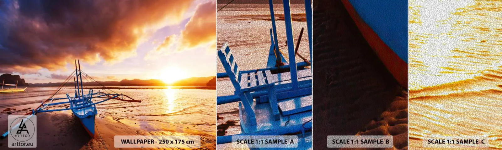 Mostră tapet Premium Sand - După o zi lungă, întindeți-vă pe nisip - Peisaj, Mare, Barca de pescuit - 100x30 cm