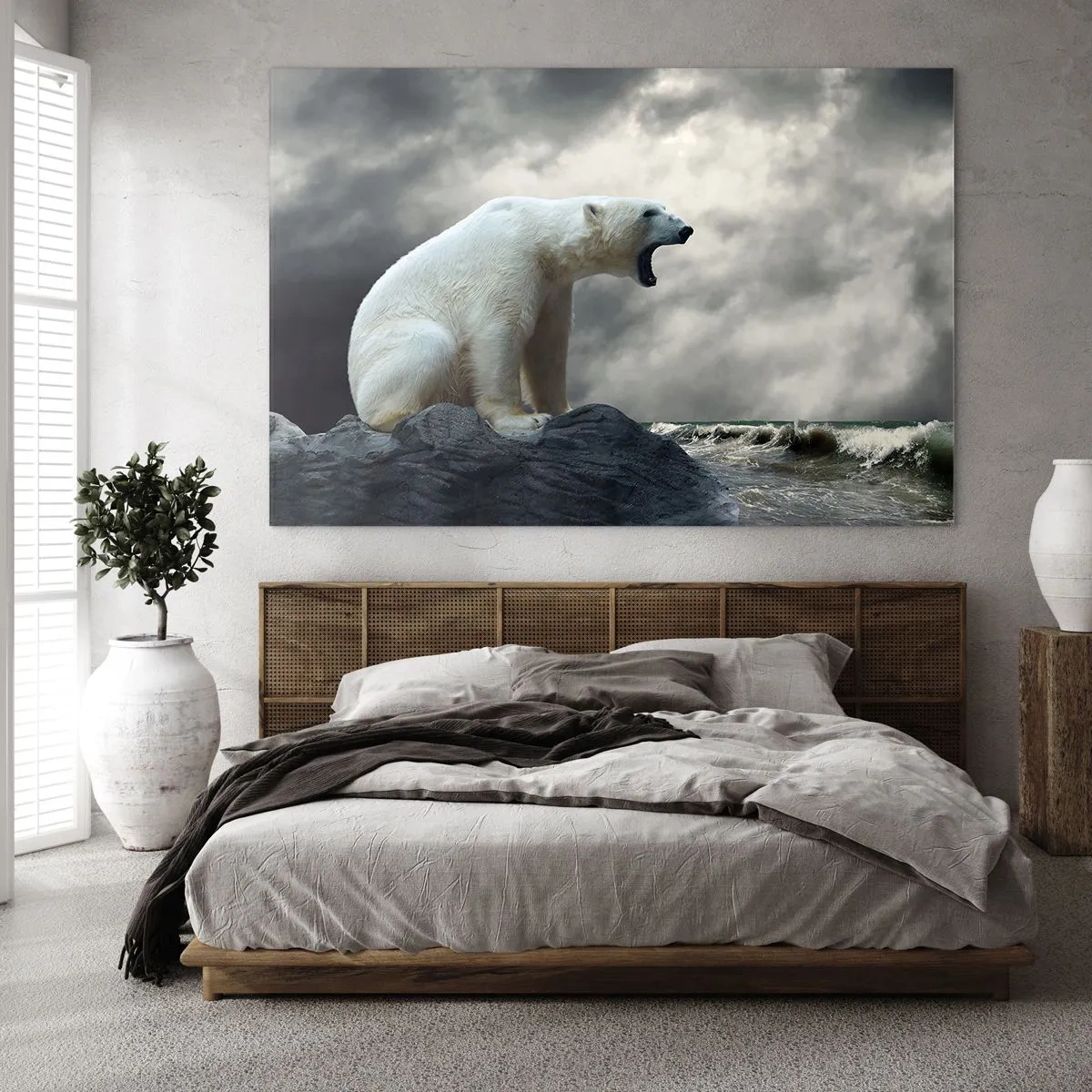 Tablou pe sticlă - Un urs polar pe un cer furtunos - 70x50cm - Regele singuratic al Arcticii - Decorațiune modernă pentru perete pentru living și dormitor ARTTOR