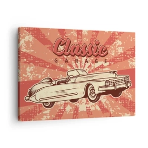 Tablou pe pânză Canvas - Poster retro cu o mașină clasică și cuvintele Classic Garage - 70x50cm - Și la radio Elvis - Decorațiune modernă pentru perete pentru living și dormitor ARTTOR