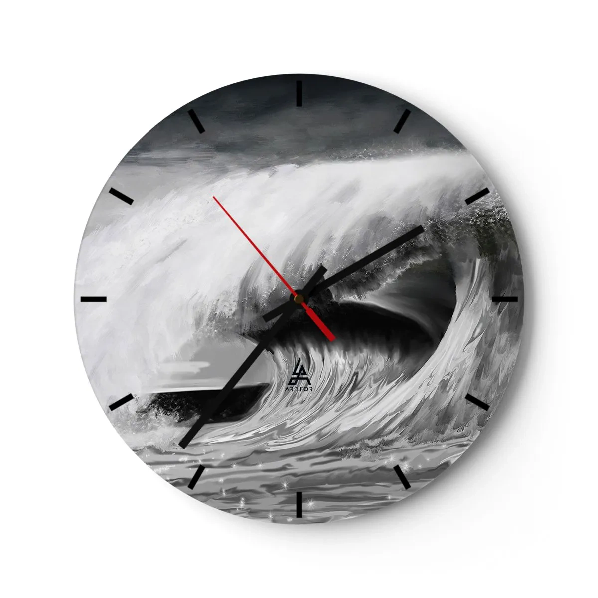 Ceas de perete - Ceas pe sticlă - Un val dinamic în nuanțe de alb și negru - 30x30cm - Mânia oceanului - Decorațiune modernă pentru perete pentru living, bucătărie și dormitor ARTTOR