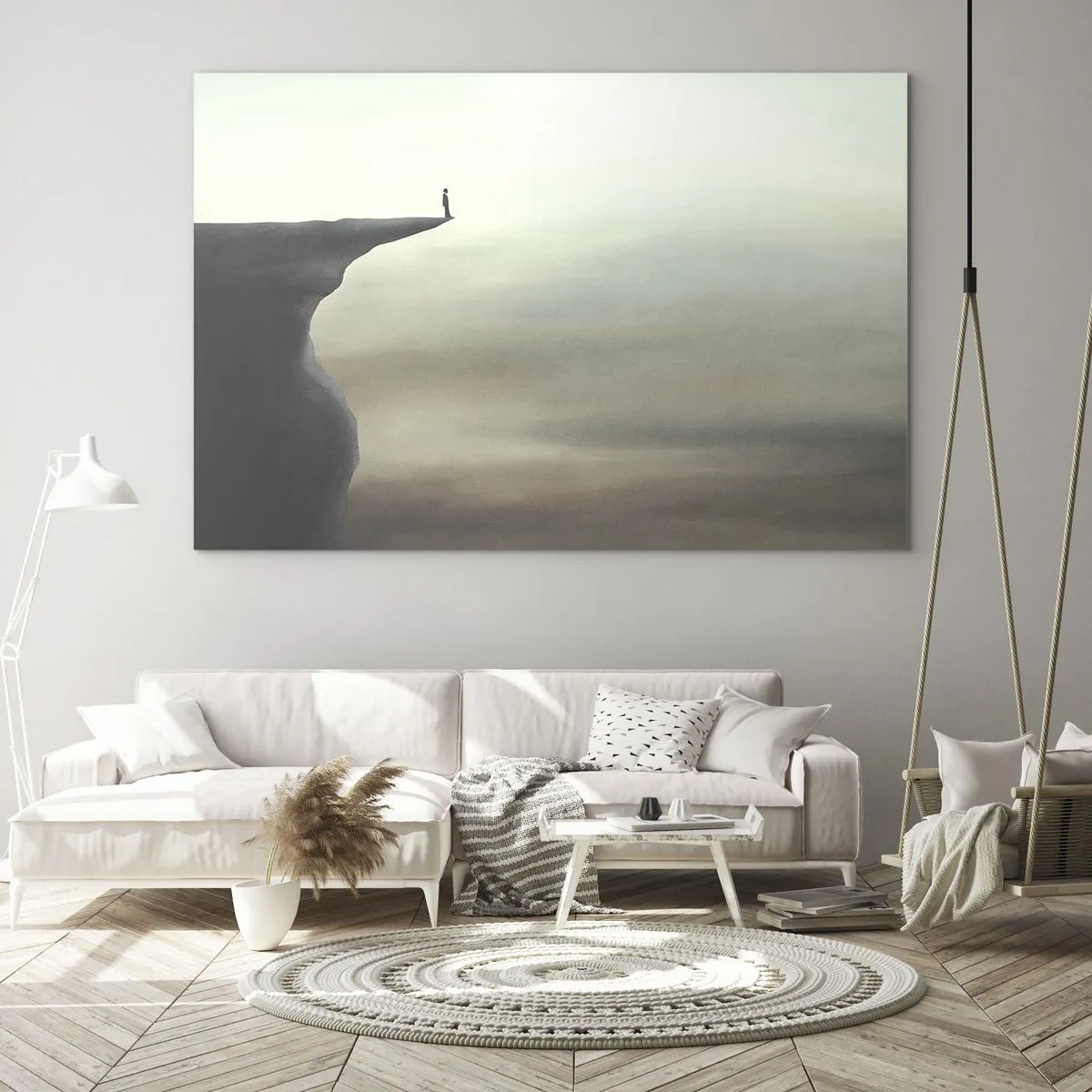 Tablou pe sticlă - Silueta unei persoane care stă pe marginea unei stânci deasupra ceții - 70x50cm - În sus, bineînțeles! - Decorațiune modernă pentru perete pentru living și dormitor ARTTOR