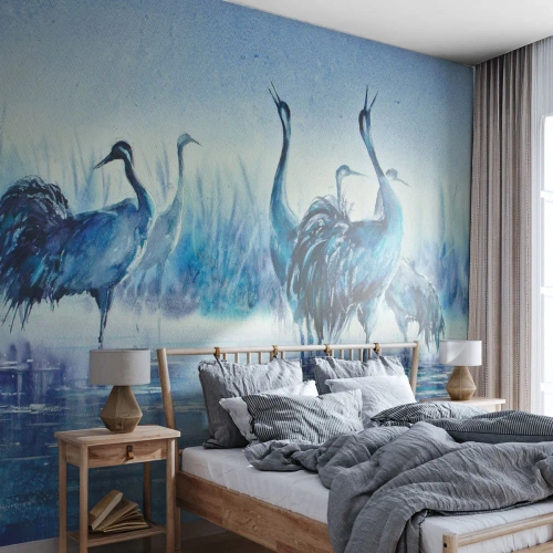 Tapet Standard Eco - Păsări de apă în zori pe fondul apelor albastre - 100x70cm - Întâlnirea de dimineață - Decorațiune modernă pentru perete pentru living și dormitor ARTTOR