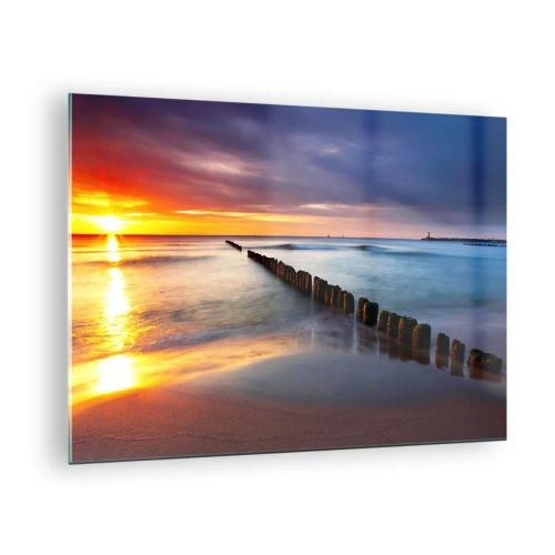 Tablou pe sticlă - Apus de soare peste mare cu diguri de lemn - 70x50cm - Ascultă tăcerea - Decorațiune modernă pentru perete pentru living și dormitor ARTTOR