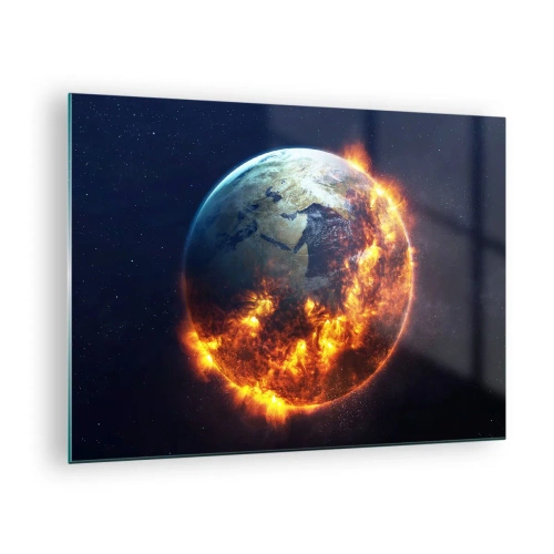 Tablou pe sticlă - Pământul înconjurat de flăcări în spațiul cosmic - 70x50cm - Flacăra apocalipsei - Decorațiune modernă pentru perete pentru living și dormitor ARTTOR