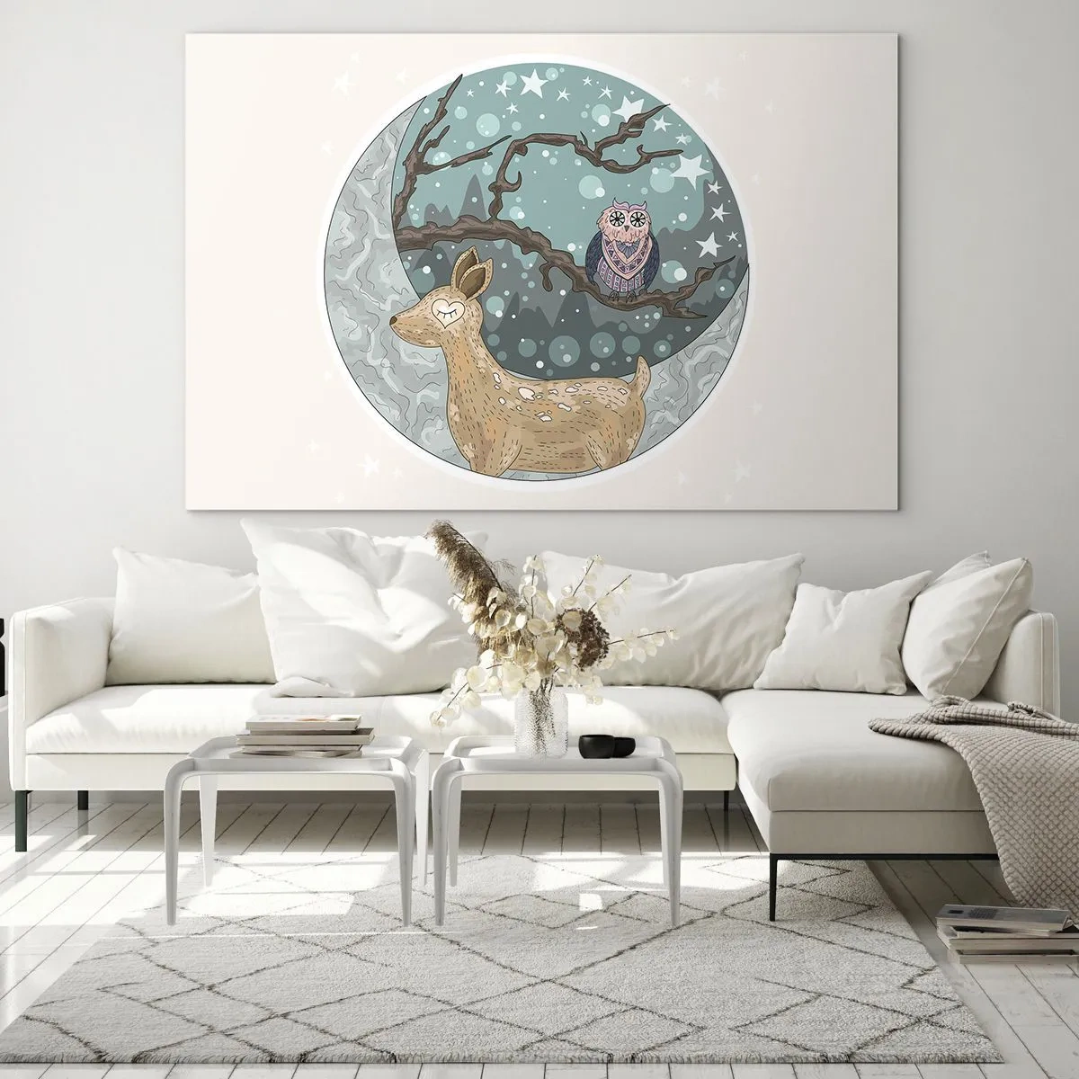 Tablou pe sticlă - Ilustrație a unui cerb și a unei bufnițe într-un decor magic - 70x50cm - O noapte în pădure de poveste - Decorațiune modernă pentru perete pentru living și dormitor ARTTOR