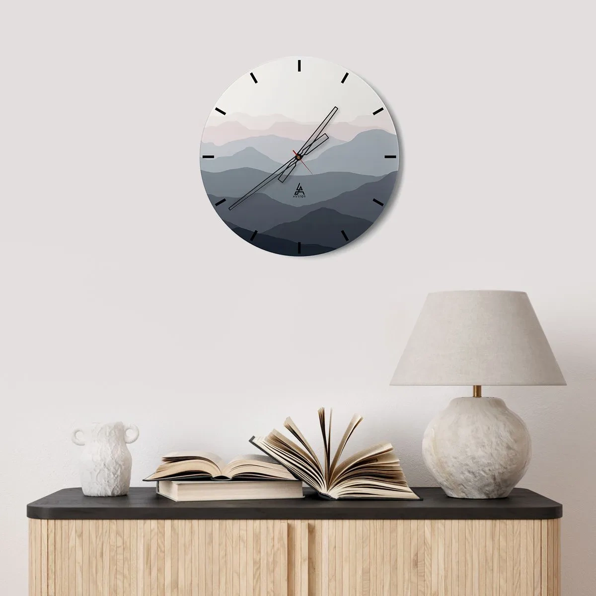 Ceas de perete - Ceas pe sticlă - Un peisaj montan minimalist în culori pastelate - 30x30cm - Valuri de munți - Decorațiune modernă pentru perete pentru living, bucătărie și dormitor ARTTOR