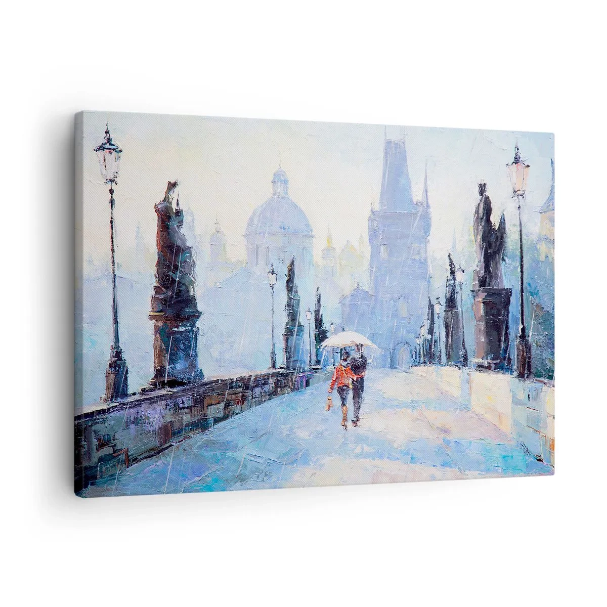 Tablou pe pânză Canvas - Cuplu romantic pe un pod în ploaie, o scenă picturală - 70x50cm - Probabil că am fost vrăjiți de ploaie - Decorațiune modernă pentru perete pentru living și dormitor ARTTOR