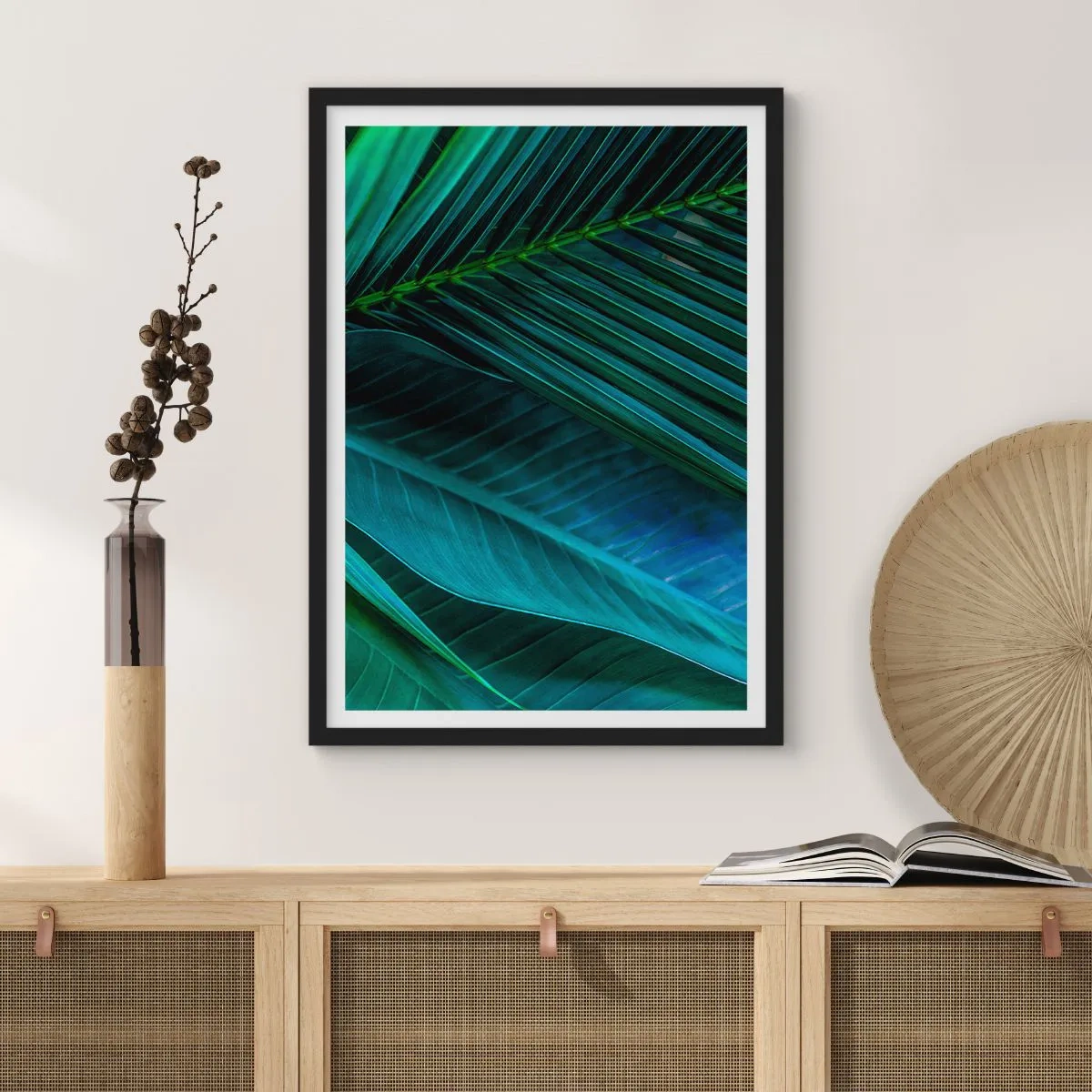 Poster în ramă neagră - Frunze tropicale în nuanțe de verde intens - 50x70cm - Anatomia verdelui - Decorațiune modernă pentru perete pentru living și dormitor ARTTOR