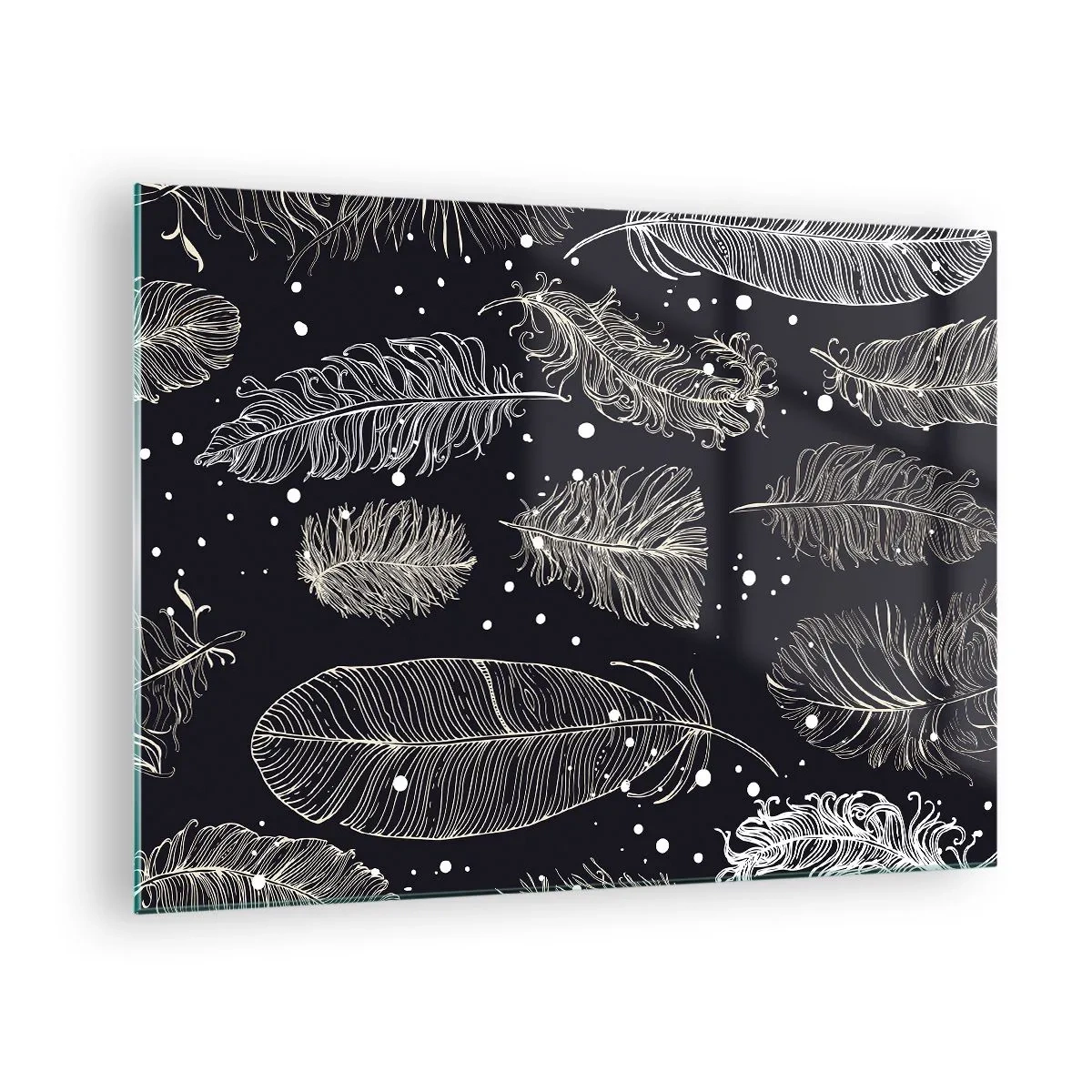Tablou pe sticlă - Pene albe pe fundal negru cu detalii subtile - 70x50cm - Dantelă cu pene - Decorațiune modernă pentru perete pentru living și dormitor ARTTOR