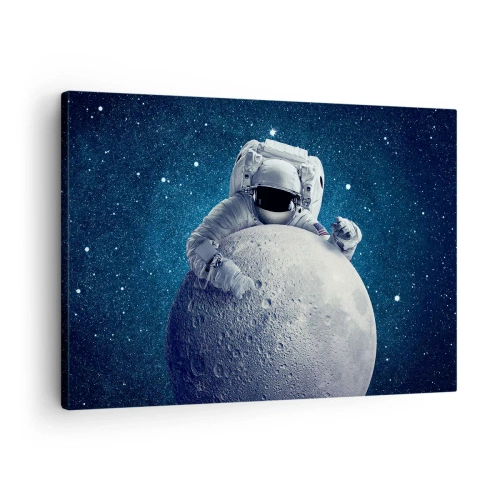 Tablou pe pânză Canvas - Astronautul ține luna pe un cer înstelat - 70x50cm - Glumeț spațial - Decorațiune modernă pentru perete pentru living și dormitor ARTTOR