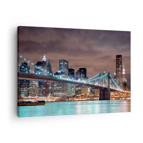 Tablou pe pânză Canvas - Podul iluminat noaptea pe fundalul panoramei moderne a orașului - 70x50cm - Luminile marelui oraș - Decorațiune modernă pentru perete pentru living și dormitor ARTTOR
