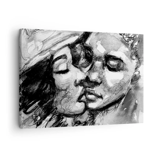 Tablou pe pânză Canvas - O acuarelă alb-negru care înfățișează un moment intim între două persoane. - 70x50cm - Un moment de tandrețe - Decorațiune modernă pentru perete pentru living și dormitor ARTTOR