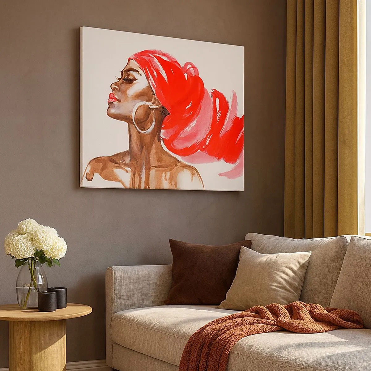 Tablou pe pânză Canvas - Profilul unei femei cu turban roșu și cercei - 70x50cm - Există un vânt care suflă în nările unui om - Decorațiune modernă pentru perete pentru living și dormitor ARTTOR