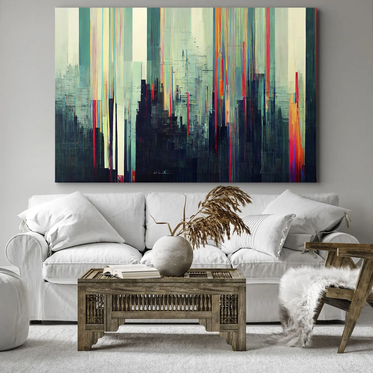 Tablou pe pânză Canvas - Abstracție cu linii verticale și orizontul orașului - 70x50cm - Oraș futurist - Decorațiune modernă pentru perete pentru living și dormitor ARTTOR