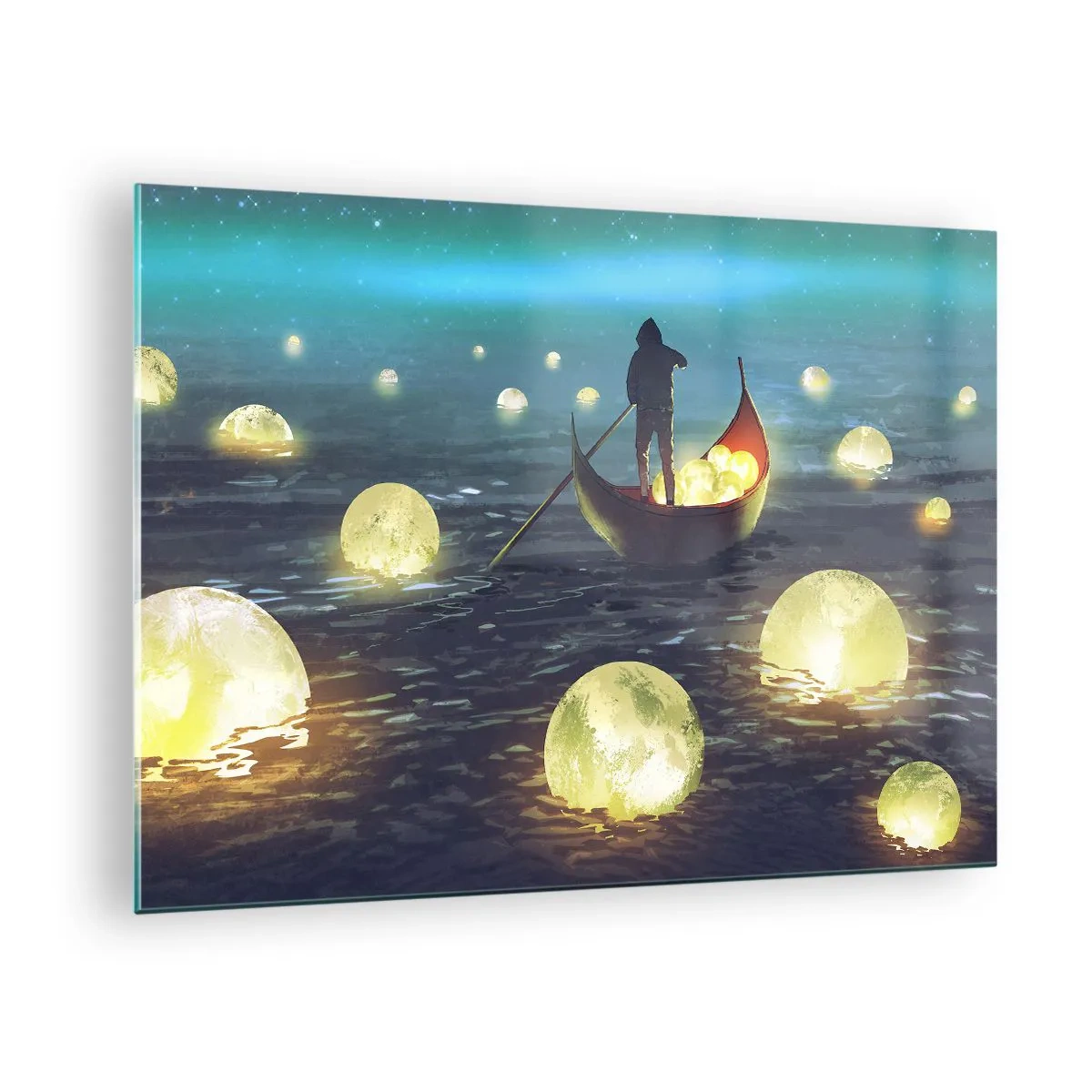 Tablou pe sticlă - O barcă cu felinare pe apă într-un peisaj suprarealist - 70x50cm - Lucruri la care filozofii nu au visat niciodată - Decorațiune modernă pentru perete pentru living și dormitor ARTTOR