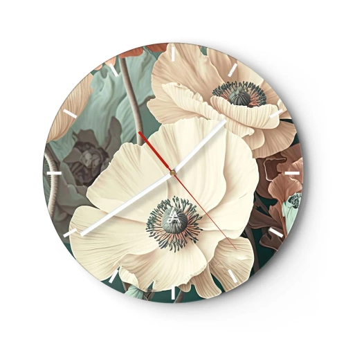 Ceas de perete - Ceas pe sticlă - Flori de mac crem pe un fundal de frunze într-o paletă pastelată, estompată - 30x30cm - Șoapta macilor - Decorațiune modernă pentru perete pentru living, bucătărie și dormitor ARTTOR