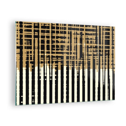 Tablou pe sticlă - Dungi și linii geometrice în nuanțe de negru și auriu - 70x50cm - Abstracție arhitecturală - Decorațiune modernă pentru perete pentru living și dormitor ARTTOR
