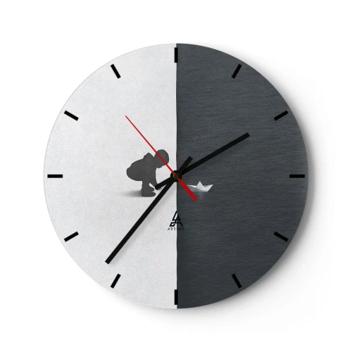 Ceas de perete - Ceas pe sticlă - Silueta unui copil cu o barcă de hârtie pe un fundal contrastant - 30x30cm - Marea expediție - Decorațiune modernă pentru perete pentru living, bucătărie și dormitor ARTTOR