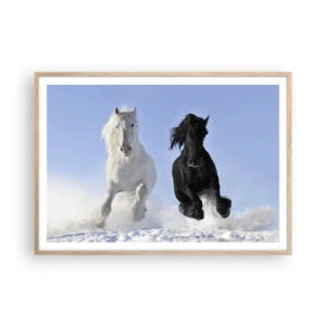 Poster în ramă de stejar deschis - Galop de alb și negru - 100x70 cm
