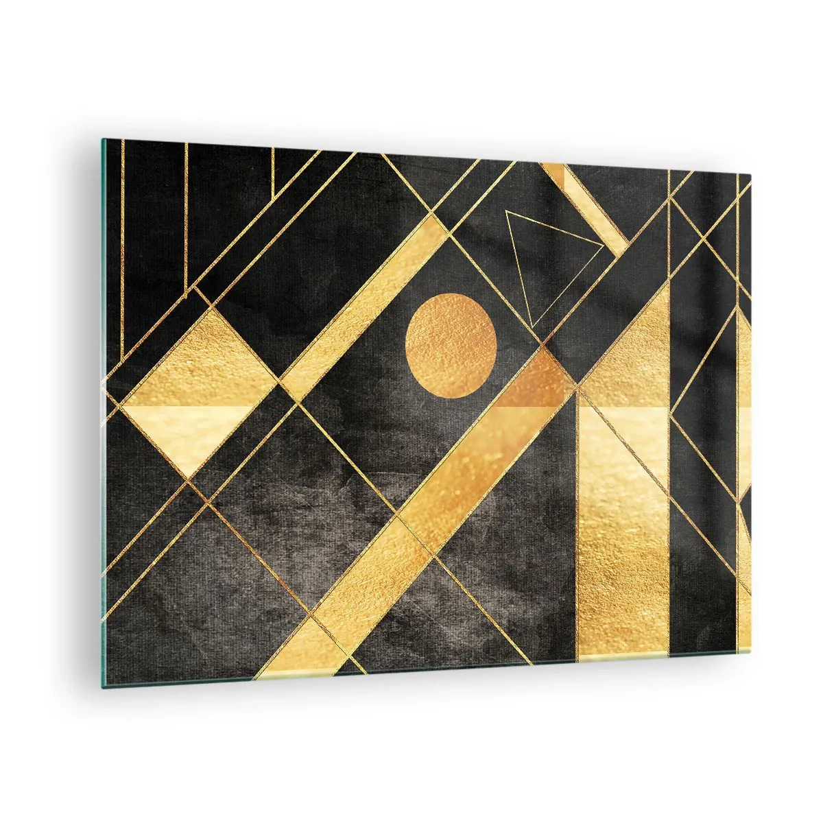 Tablou pe sticlă - Modele geometrice aurii pe fundal negru - 70x50cm - Soarele deșertului - Decorațiune modernă pentru perete pentru living și dormitor ARTTOR