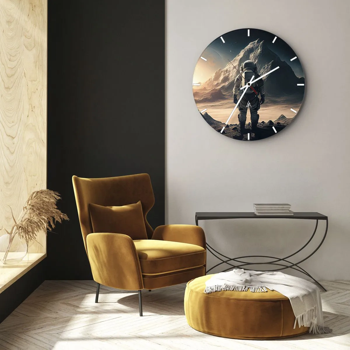 Ceas de perete - Ceas pe sticlă - Un astronaut privind un peisaj spațial cu un munte - 30x30cm - O nouă provocare - Decorațiune modernă pentru perete pentru living, bucătărie și dormitor ARTTOR