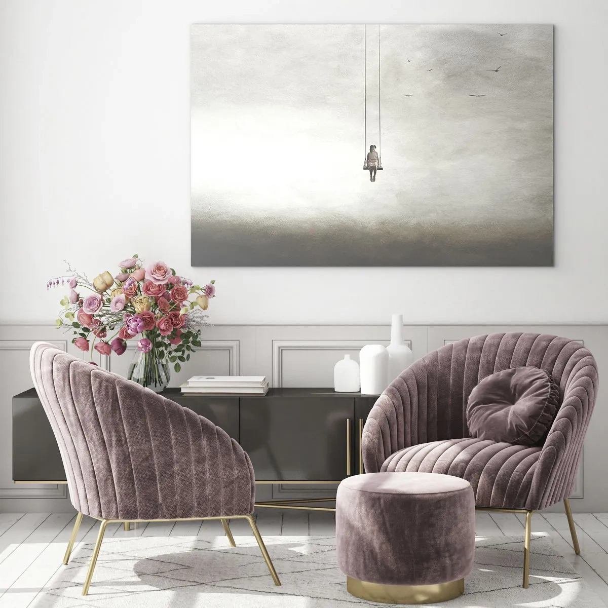 Tablou pe sticlă - O figură pe un leagăn suspendată pe cer - 70x50cm - Copilul din noi - Decorațiune modernă pentru perete pentru living și dormitor ARTTOR