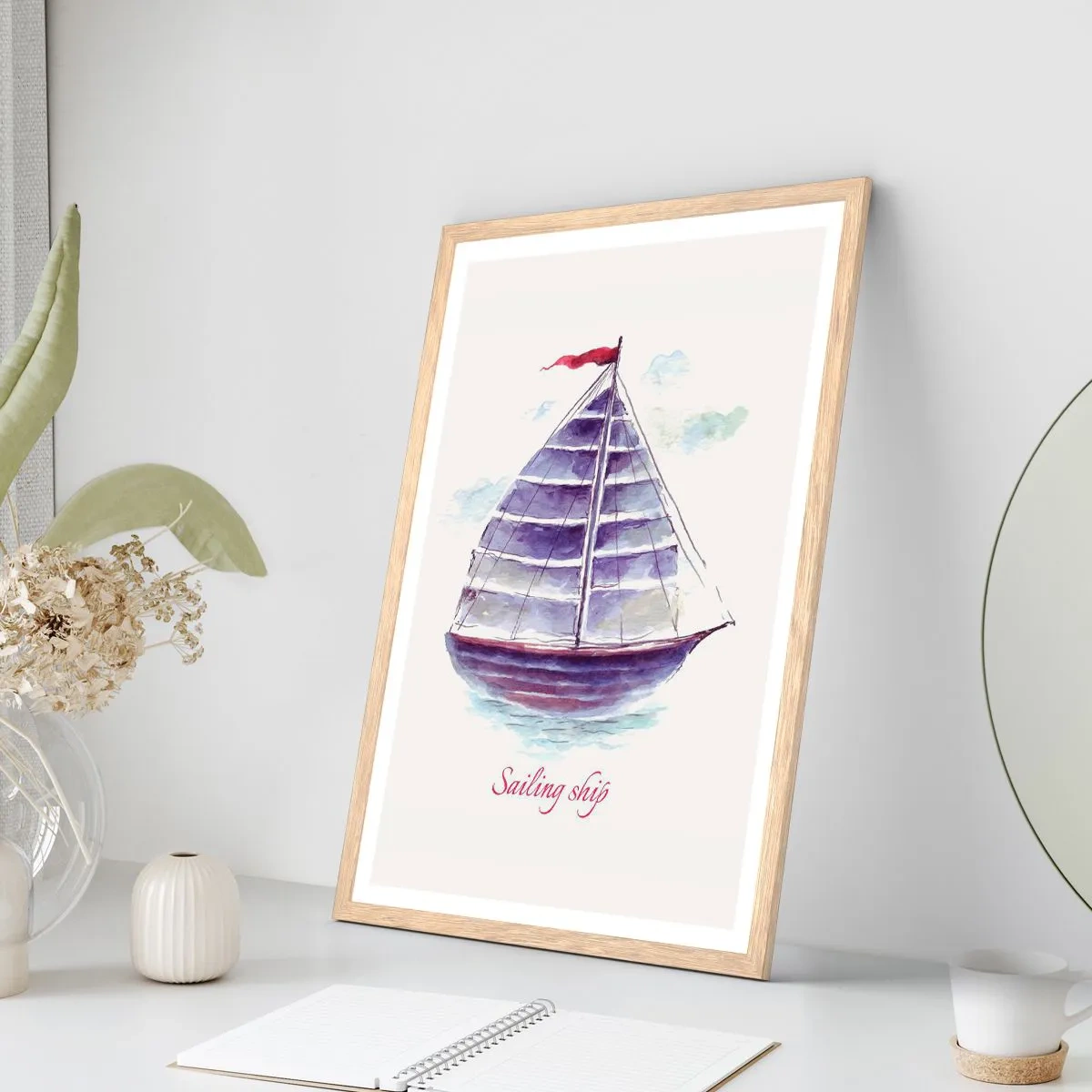 Poster în ramă de stejar deschis - Pânze pline și apă calmă - 40x50 cm