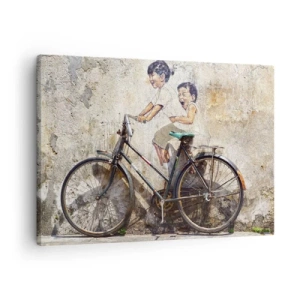Tablou pe pânză Canvas - Artă stradală cu o bicicletă și desene pentru copii pe perete - 70x50cm - Adevărat sau fals? - Decorațiune modernă pentru perete pentru living și dormitor ARTTOR